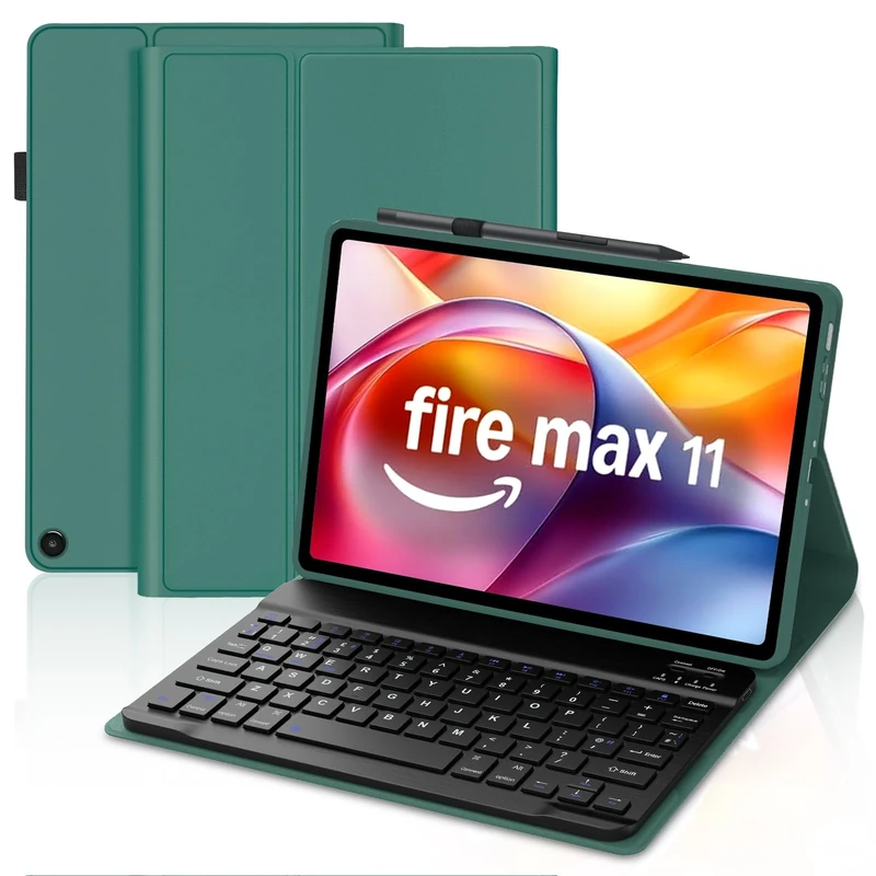 JADEMALL Keyboard Case for Fire Max 11 Tablet (13th Generation, 2023), Slim Cover with Detachable Wireless Bluetooth Keyboard for All-New Fire Max 11 Tablet 11-inch 2023 Released, Dark Green
