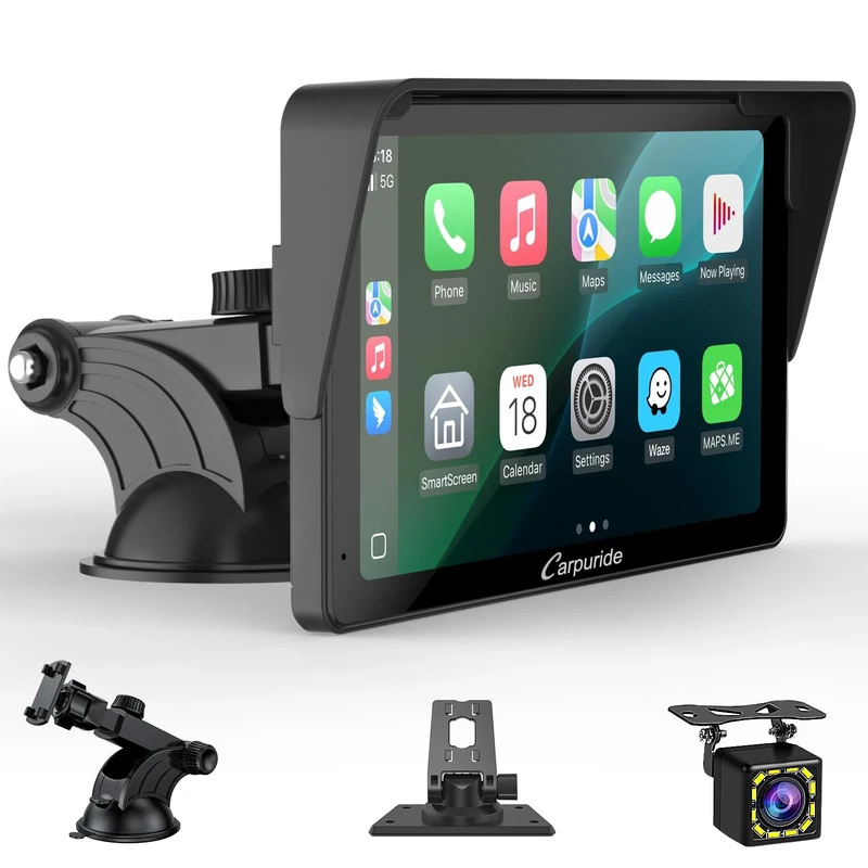 Portable Carplay Screen, Carpuride V3R Wireless Airplay&Android Auto, 7 Inch 1080P HD Touch Screen with Real 720P Backup Camera/BT 5.0/Mirror Link/USB Playback/Noise Reduction Chip AUX