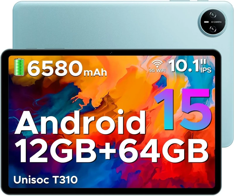 DOOGEE Tab A9 Android 15 Tablet 10 Inch(2025), Unisoc T310 Android Tablets 12GB RAM 64GB ROM(TF 2TB), 6580 mAh Battery, 5G WiFi|Dual Speaker|8MP AI Camera|Type-C|GMS|Bluetooth|Face ID|3.5mm Jack-Blue