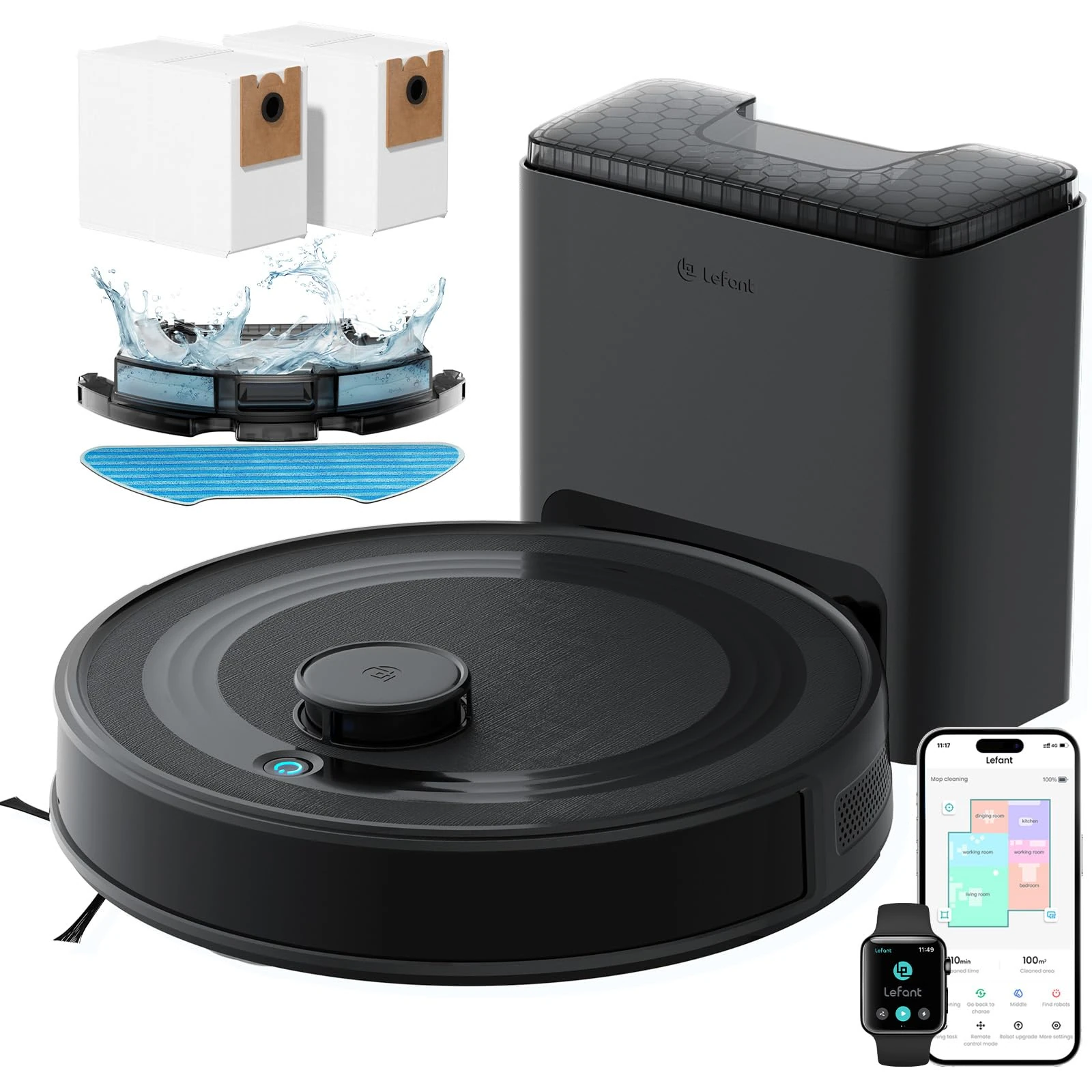 Lefant M2 Plus Robot Vacuum and Mop, Self-Emptying, 6000Pa Suction, 45-Day Hands-Free, dToF Laser Navigation, PSD Obstacle Avoidance, for Hard Floors & Carpets, WiFi 2.4G/5G, Black