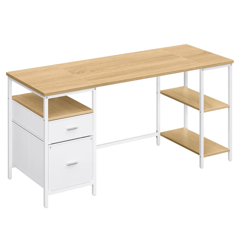 VASAGLE Computer Desk, Work Desk with Storage, 3 Shelves, 2 Drawers, 160 x 60 x 76 cm, for Home Office, Living Room, Industrial Style, Natural Oak and Cloud White LWD105YD01