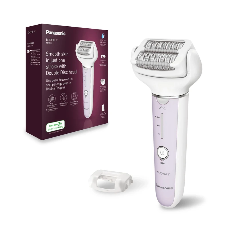 Panasonic ES-EY30-V511 Wet and Dry Epilator, Double Disc with 60 Tweezers, Flexible 90° Pivoting Head, 3 Speed Settings & LED Light, Up to 30 Minutes Operation Time, Cordless, Hair Remover