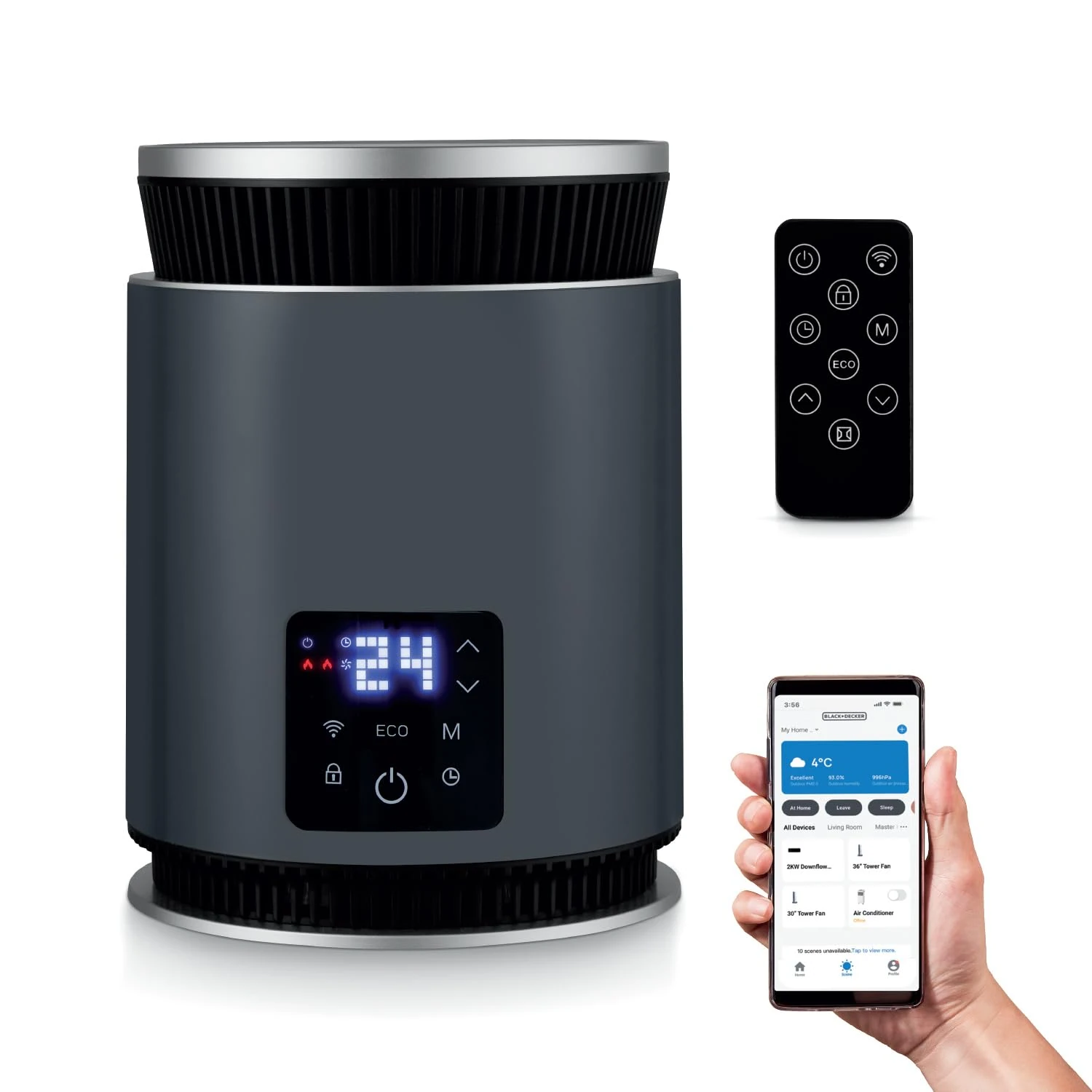 BLACK+DECKER BXSH37030GB 1.8KW Smart Desk Ceramic Heater, 2 Heat Settings, Adjustable Thermostat, 24 Hour Timer, BLACK+DECKER HOME APP, Black