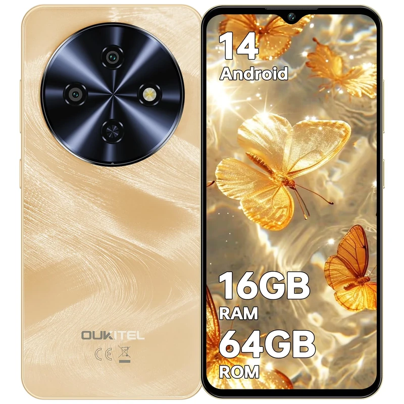 OUKITEL C5 Mobile Phone, 16(4+12) GB RAM+64GB ROM/TF 1TB Smartphone, 6.52'' Waterdrop Display Phones, 5000mAh Battery, 13MP + 5MP Camera, 4G Dual SIM Android Phone, Face ID/3.5mm Jack/GPS/BT5.0, Gold