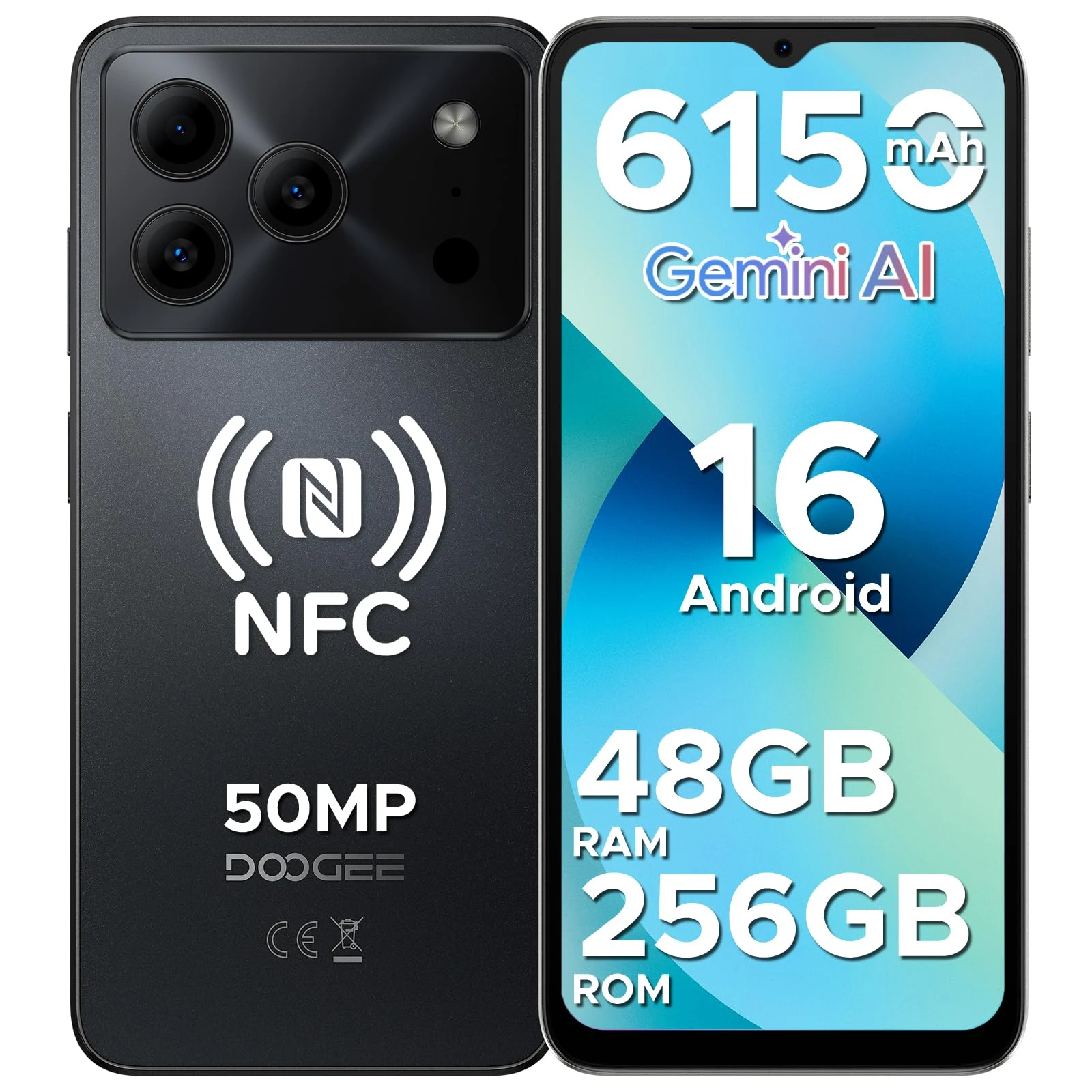 DOOGEE Note 56 Plus Android 16 Smartphone, 48GB + 256GB/2TB, 6150mAh + 6.56 HD+/90Hz Display, 8MP + 50MP, 4G Dual Sim-Free & Unlocked Mobile Phones, Face ID/Fingerprint/Widevine L1/OTG/NFC, Black