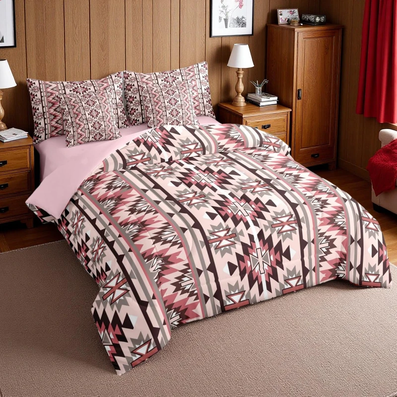 Erosebridal Pink Southwestern Bedding Set Full 7 Piece Exotic Aztec Nordic Style Comforter Set Western Ethnic Geometric Stripes Bed in A Bag Rustic Tribal Native Bohemian Quilt with Flat Fitted Sheet