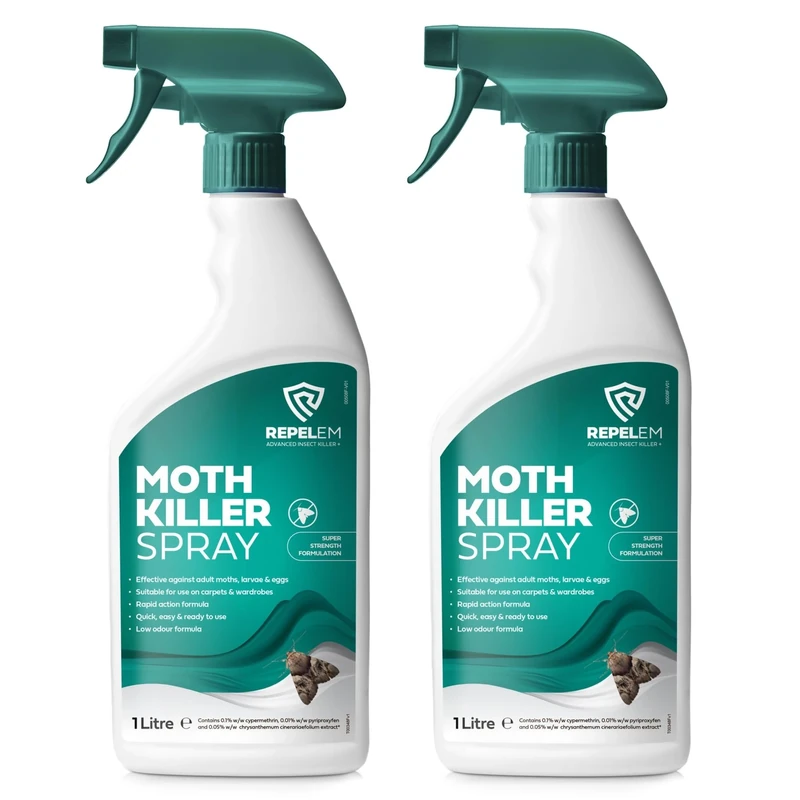 REPELEM 1L Moth Killer Spray - Fast Acting Moth Repellent & Insect Killer, Kills Moths at all Life Stages, Professional Strength Permethrin Spray, Large Clothes & Carpet Moth Treatment 2 Pack