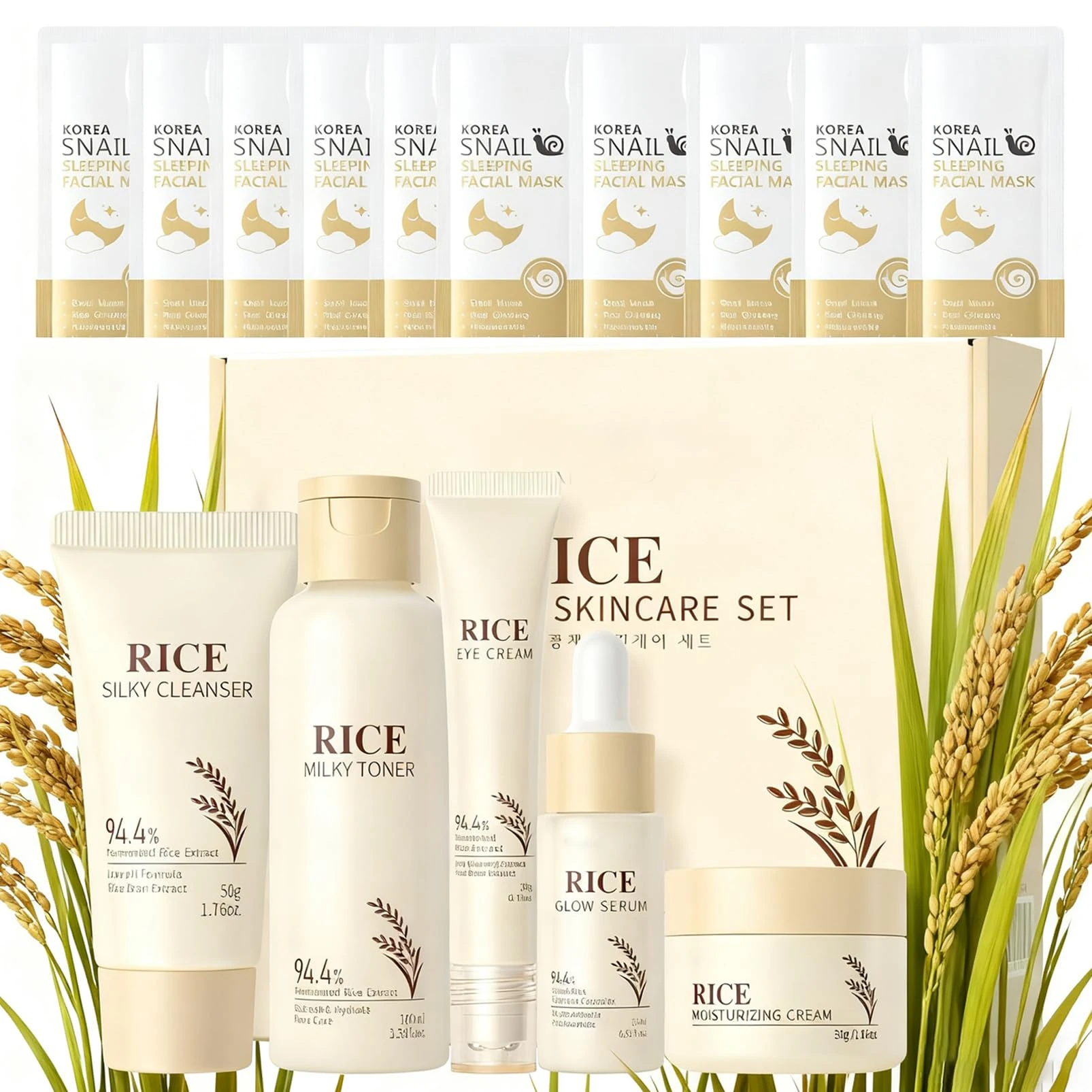 Rice Skin Care Sets & Kits,15PCS Korean Skincare,Rice Skincare Gift Set with Serum,Cream,Toner,Eye Cream,Face Wash & 10PCS Snail Sleeping Face Mask,Natural Ingredients & Quickly Absorb,Hydrating