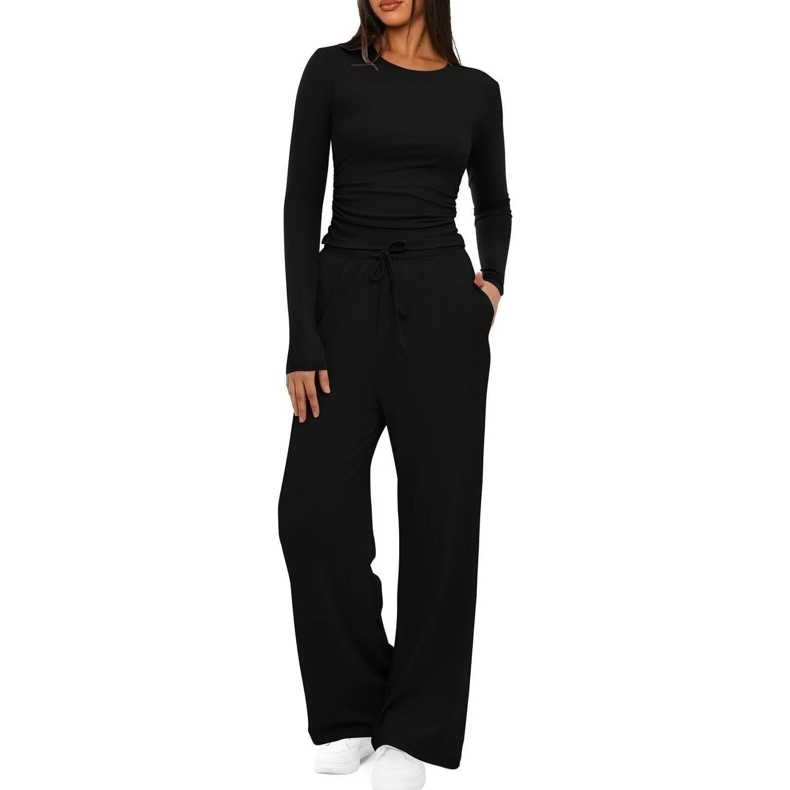 AMDOLE Womens Tracksuit Loungewear Co Ord Dupe 2 Piece Sets Airport Outfit Long Sleeve Ruched Top and High Elastic Waisted Wide Straight Leg Trouser with Drawstring Yoga Gym Joggers Full Sets Black M