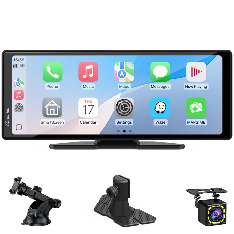 Portable Carplay Screen, Carpuride V92R Wireless Carplay & Android Auto, 10.26 Inch 1080P HD Touch Screen Radio with Real 720P Backup Camera/BT 5.0/Mirror Link Support Truck RV Dash Mount