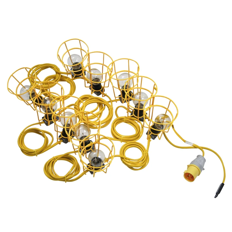 Lighthouse E27 Festoon Lights – 22M/72FT String Lights, IP44 Weather Resistant, 10 x 60W Rough Service Bulbs with Bulb Guards, for Construction, Worksite, Garden, Events – 16 Amp 110V Plug