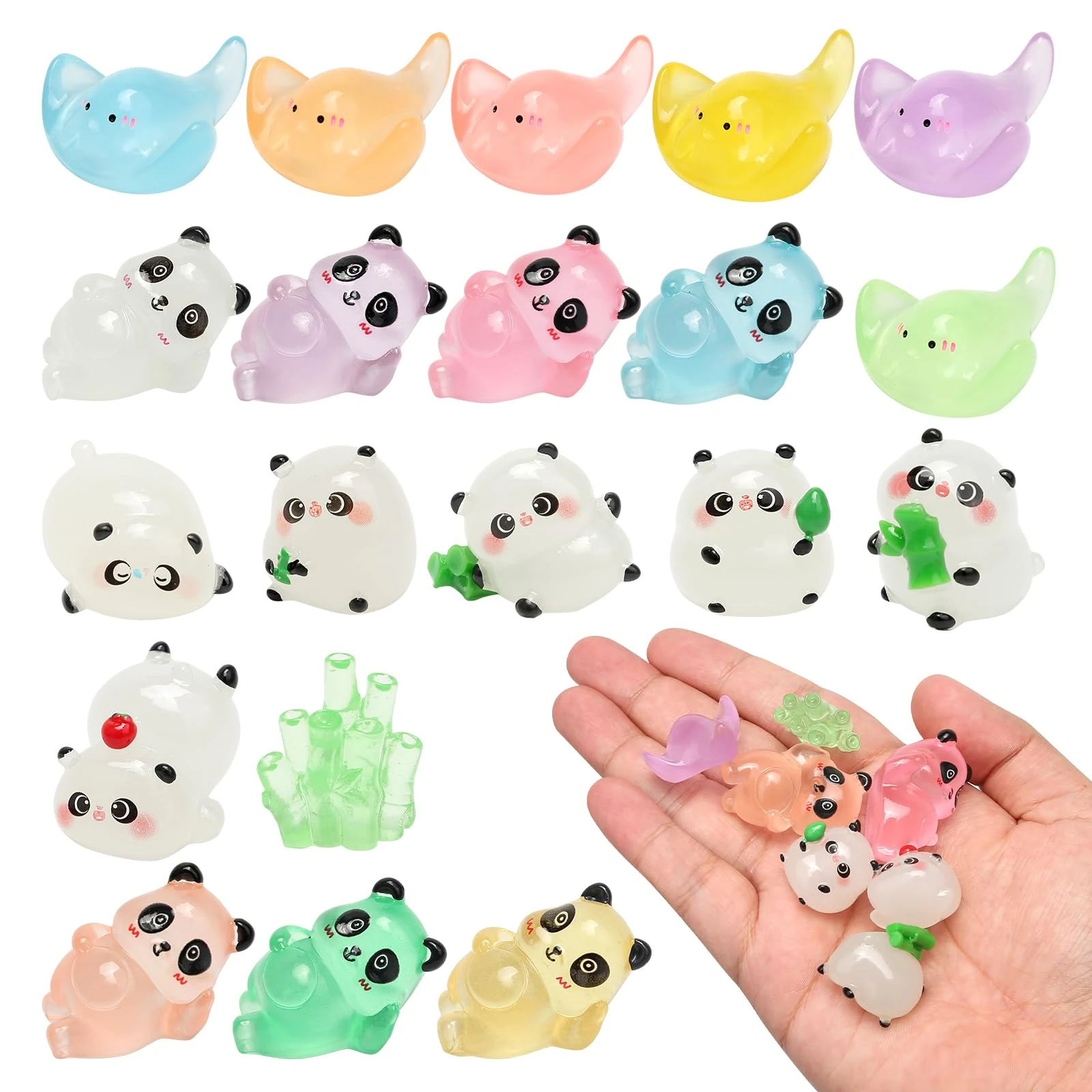 Mini Resin Animals, 20 Pack Funny Mixed Tiny Resin Animals Cute Glow in the Dark Manta Ray Panda Little Figures Ornaments for Fairy Garden, Dollhouse, Aquarium, Craft, Miniature Scene, Party Favours