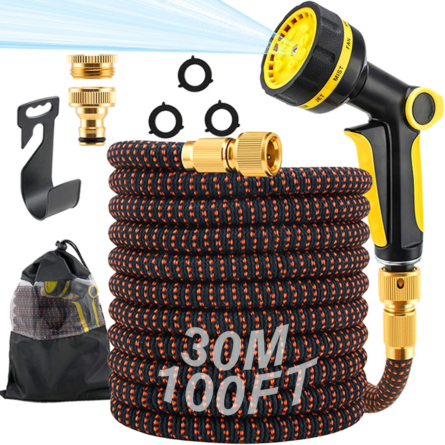 RIZENCE 30-100ft Expandable Garden Hose Pipe, Anti-Kink Flexible Expanding Garden Water Hose with 10 Function Spray Gun, 3/4" & 1/2" Brass Connectors, 4 Layer Latex Core Hosepipes for Garden (10m)