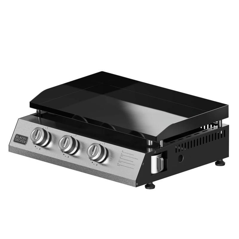 Black+Decker BXOP7350E Gas Plate | 3 Burners 2.45kW | Enamelled Steel Plate | Surface 580 x 360 mm | Easy to Clean | Up to 12 People | Adjustable Legs | Butane/Propane Gas