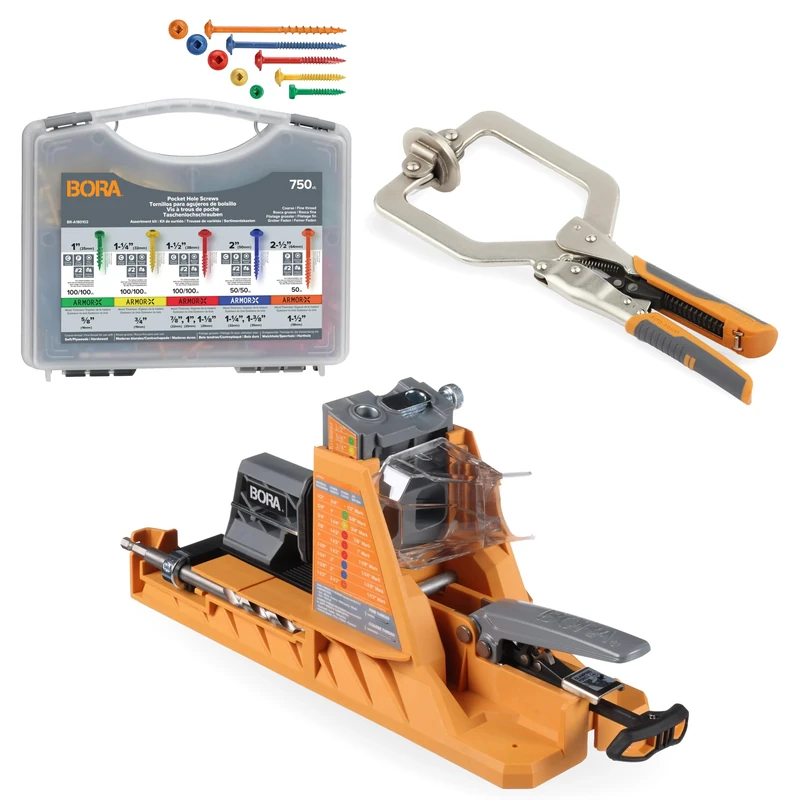 Bora Auto-Jig Pocket Hole System Project Kit– Includes Self-Calibrating Pocket Hole Jig with 50 Sample Screws, 3-Inch Face Clamp, 750pc Color-Coded Screw Set, for Fast & Accurate Joinery, BR-A170203