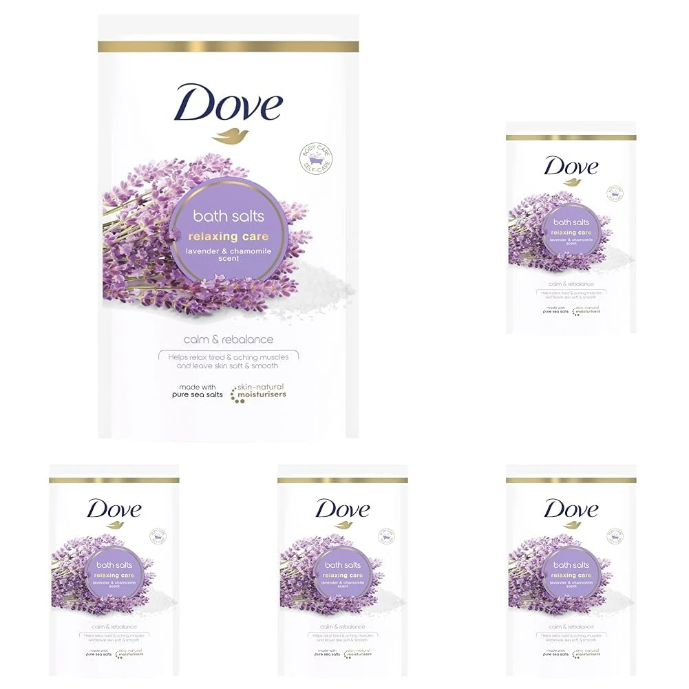Dove Relaxing Care Lavender & Chamomile Bath Salts with Skin-Natural moisturisers to Relax Your Mind & Body, Leaving Your Skin Smooth & Soft 900 g (Pack of 5)