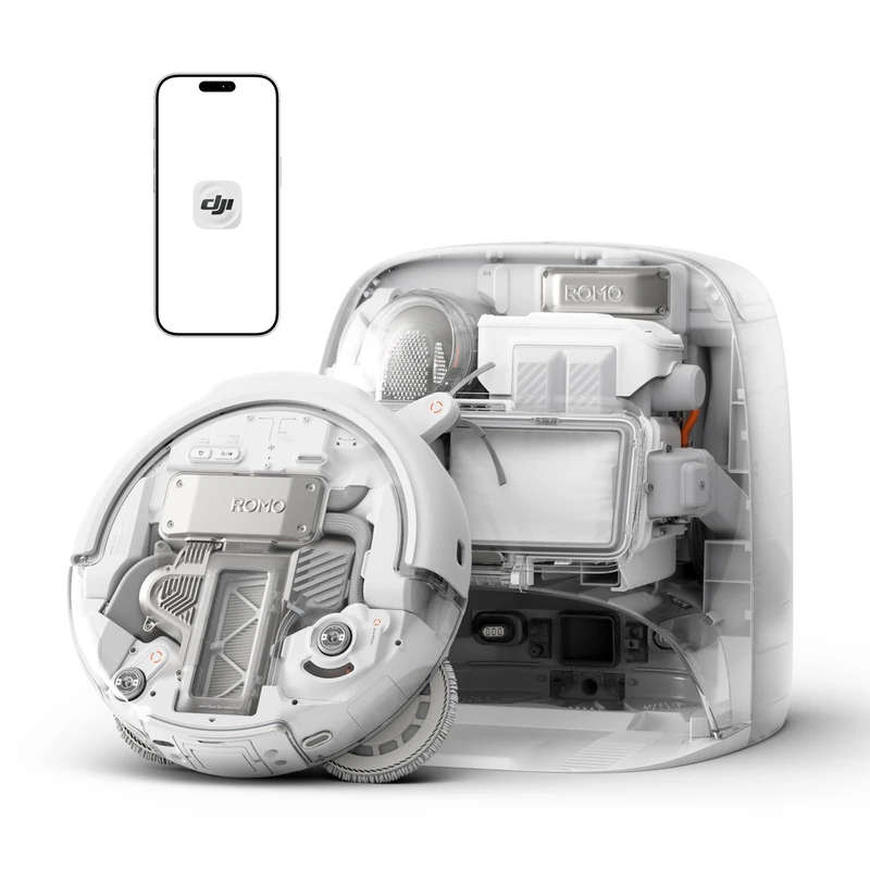 DJI ROMO P Robot Vacuum Cleaner and Mop With Transparent Design, 25,000 Pa Suction, Drone-Level Sensing, Dual Robotic Arms, 200-Day Maintenance-Free Operation, Customizable Mopping Solutions