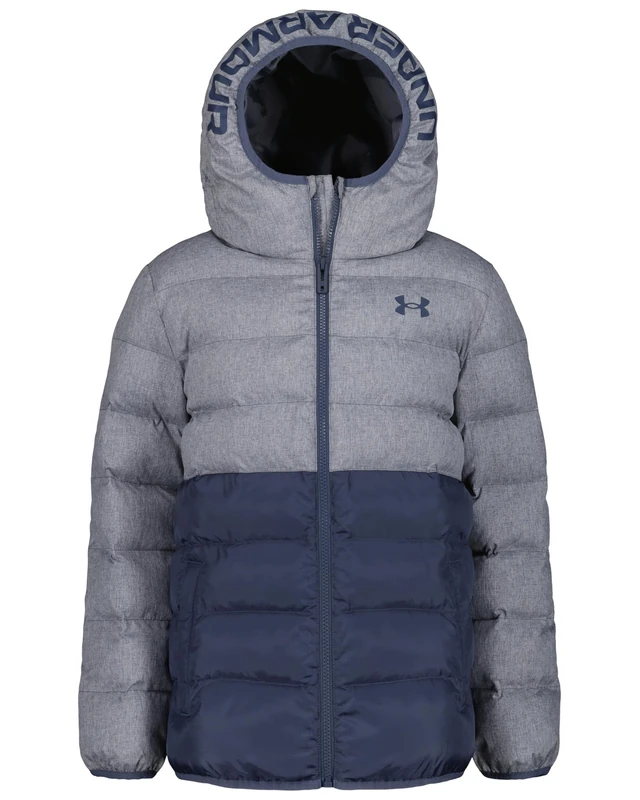 Under Armour Boys Water-Resistant Pronto Colourblock Puffer Jacket with UA Storm Technology – Lightweight Hooded Winter Coat with Snap Pockets, 6 Years to 7 Years, Downpour Gray