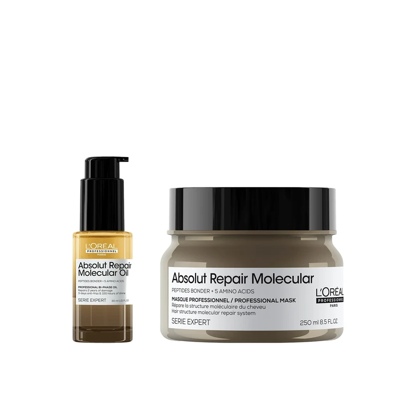 L'Oréal Professionnel Absolut Repair Molecular Rinse-off Hair Mask 250ml + Bi-phase Hair Oil 30ml, for extremely damaged hair, High Shine & Molecular Repair