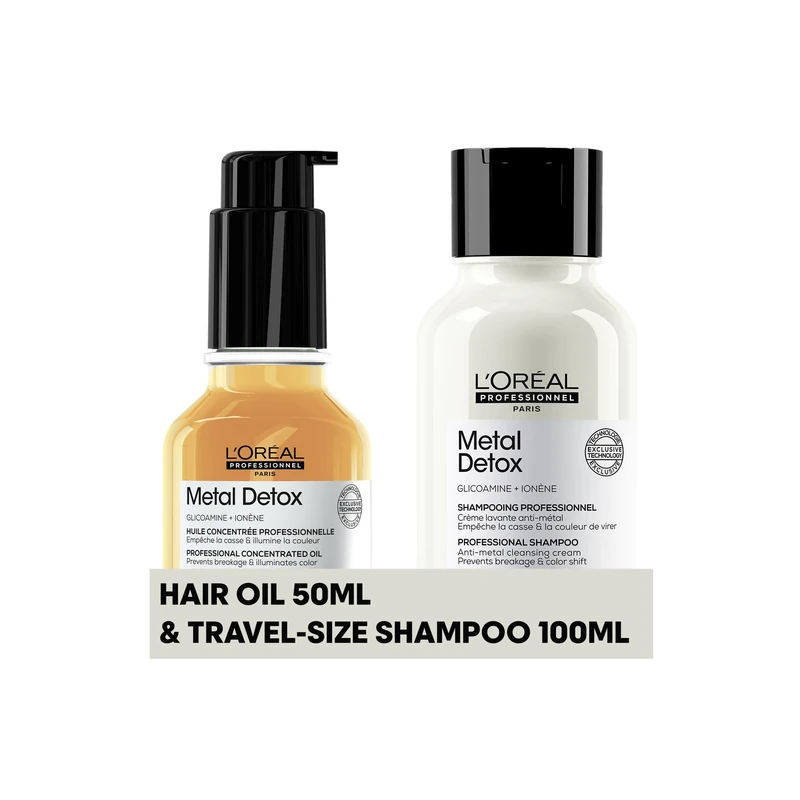 L'Oréal Professionnel Metal Detox Clarifying Shampoo 100ml & Hair Oil 50ml, Prevent Breakage & Colour Fade from Hard Water, Heat Protection & Shine