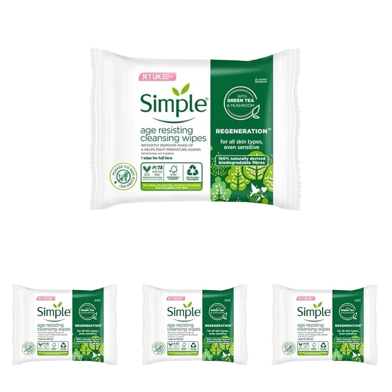 Simple Regeneration Age Resisting Biodegradable Facial Wipes remove make-up and fights premature ageing for sensitive skin 20 wipes,package may vary (Pack of 4)