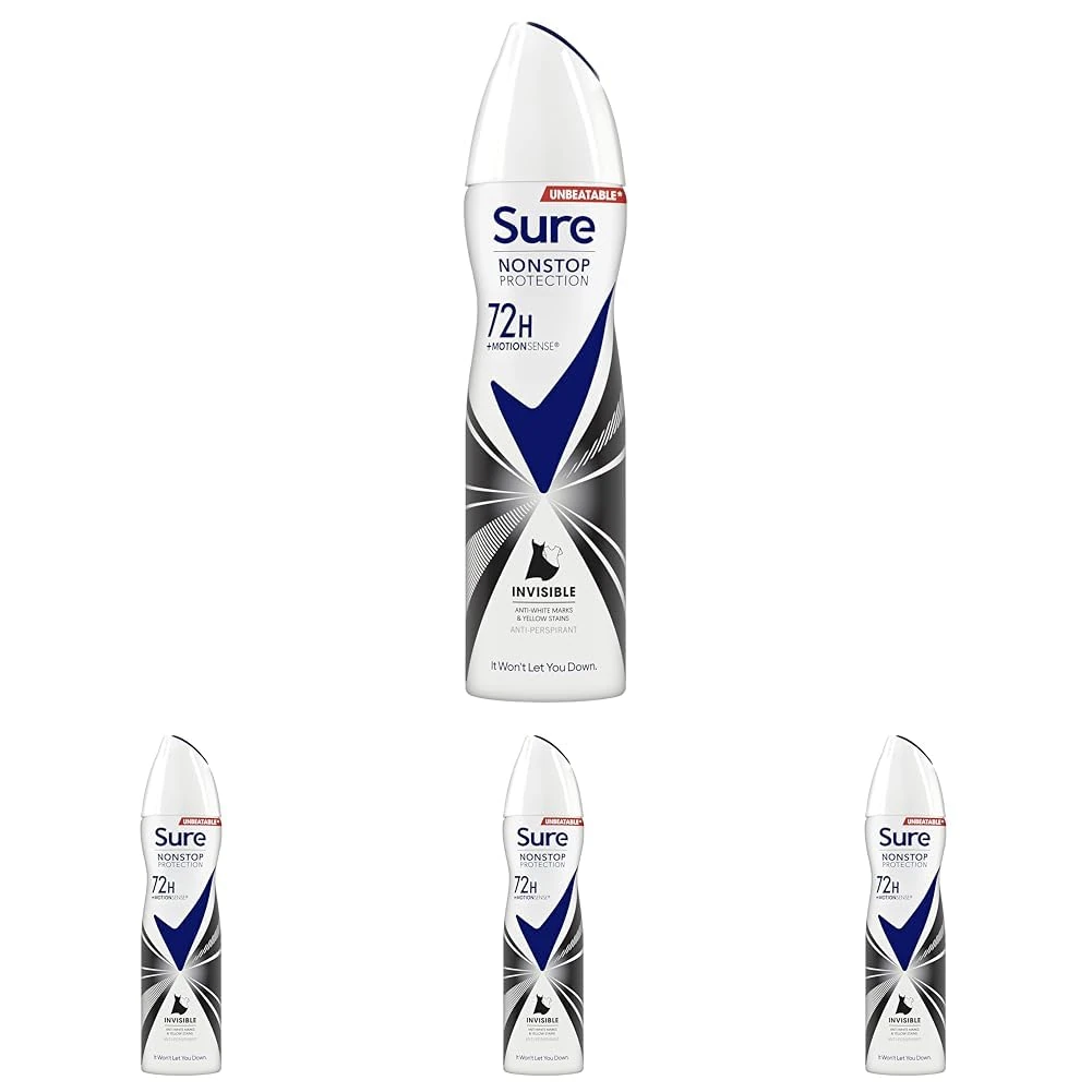 Sure Women Nonstop Protection Invisible Black & White Deodorant Body Spray Antiperspirant with body heat activated technology & white mark protection for 72 hour odour and sweat protection 150 ml