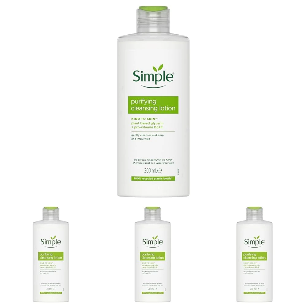 Simple Kind to Skin Purifying Cleansing Lotion Cleanser for Sensitive Skin Gently Removes Makeup and Impurities 200 ml (Pack of 4)