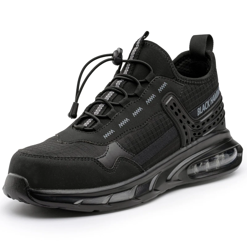 Black Hammer Lightweight Safety Trainers for Men - Air Bubble Comfort, Non-Slip Work Shoes, Metal Free Utility Footwear 4499 (10 UK) Black