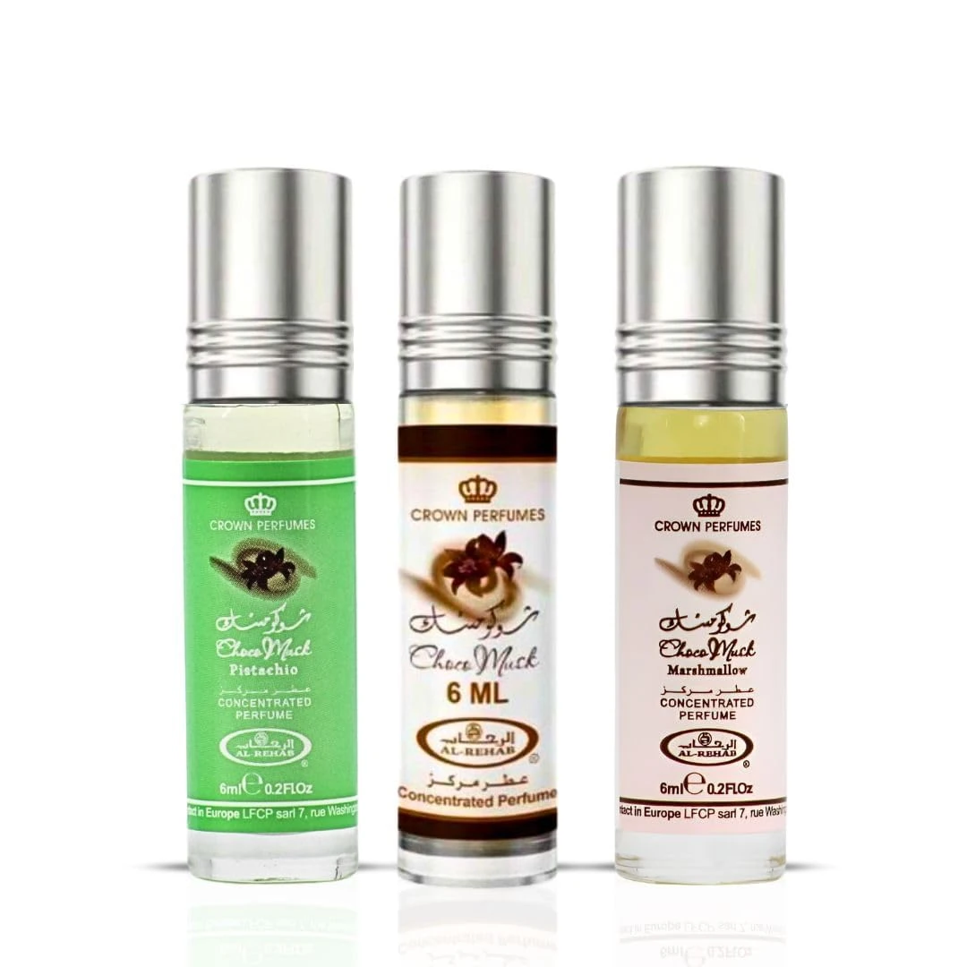 Al-Rehab Choco Musk Perfume Oils - Original, Marshmallow & Pistachio 6ml (0.2 oz) | Sweet Gourmand Fragrance | Chocolate, Vanilla, Fruity & Nutty Scents | Long-Lasting Roll-On Fragrance Oils (Bundle)