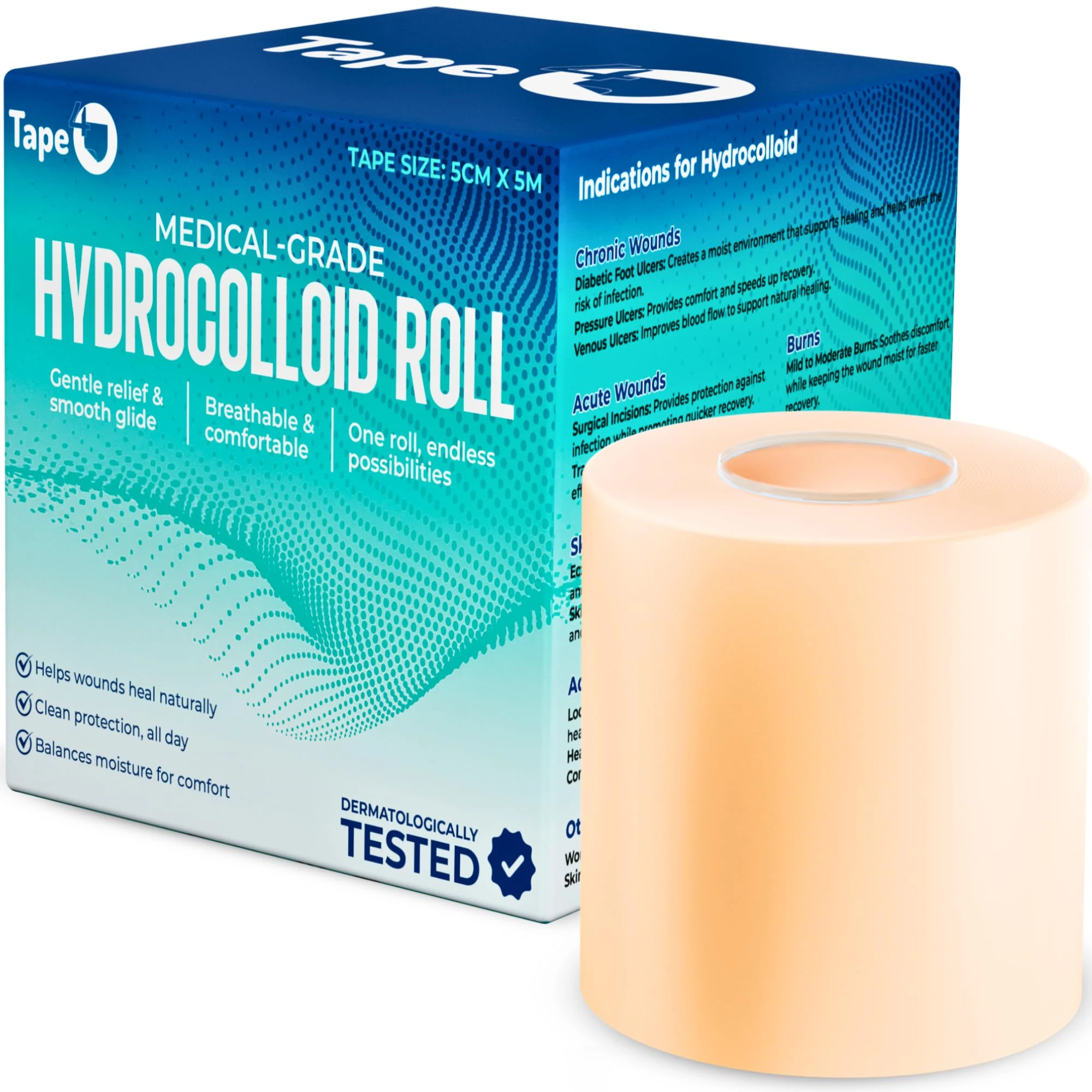 Hydrocolloid Roll for Wound Care - 5cm x 5m, Cut-to-Size, Extra Large Hydrocolloid Patch Bandages with Self-Adhesive, Ultra Absorbent, Waterproof, Home Essential