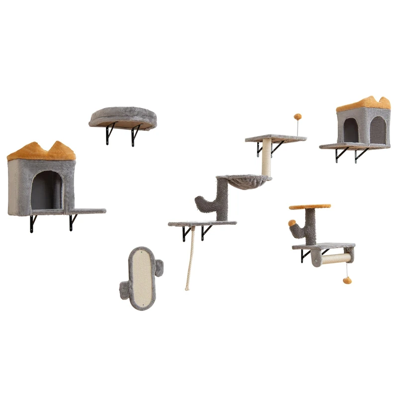 GYMAX 6PCS Wall Mounted Cat Tree, Cat Wall Shelves with 2 Condos, Scratching Post & Board, Hammock, Cats Wall Furniture Set for Indoor Cats