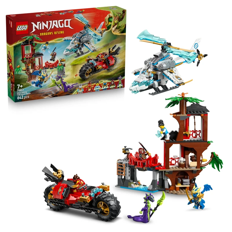LEGO NINJAGO Ninja Vehicle Tree House Battle - Action Toy w/a Motorbike, Helicopter, 6 Minifigures & Swords - Gift for 7+ Year Old Boys & Fans - 71857