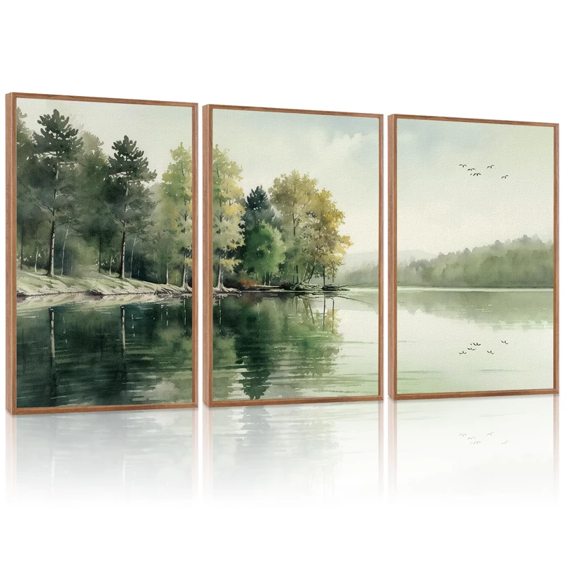 KAIRNE Framed Nature Canvas Wall Art Set,Misty Forest Wall Decor,Green Mountain Forest Pictures,Lake Water Painting set of 3(24”x36”),Landscape Scene Print for Living Room, Bedroom,Gallery Decor