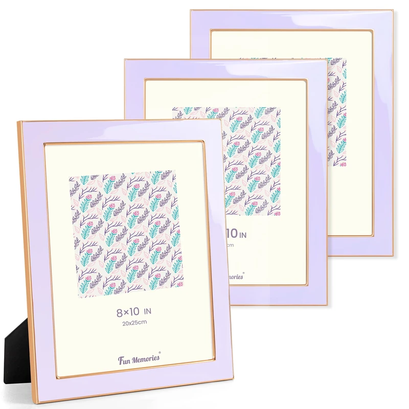 Fun Memories 8x10 Picture Frame - 3pcs Purple Enamel Glass Photo Frame with Gold Metal Edge & Easel for Display Picture Frame on Countertops, Tabletops, Bookshelves, Desks, Walls (Purple/Gold)