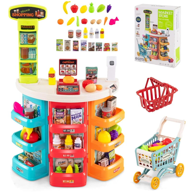 GYMAX Kids Grocery Store, 76 PCS Pretend Supermarket Playset with Shopping Cart, Scale, Scanner, Play Food & Accessories, Children Pretend Play Shop for Girls Boys Aged 3 Years Old+ (Multicolor)