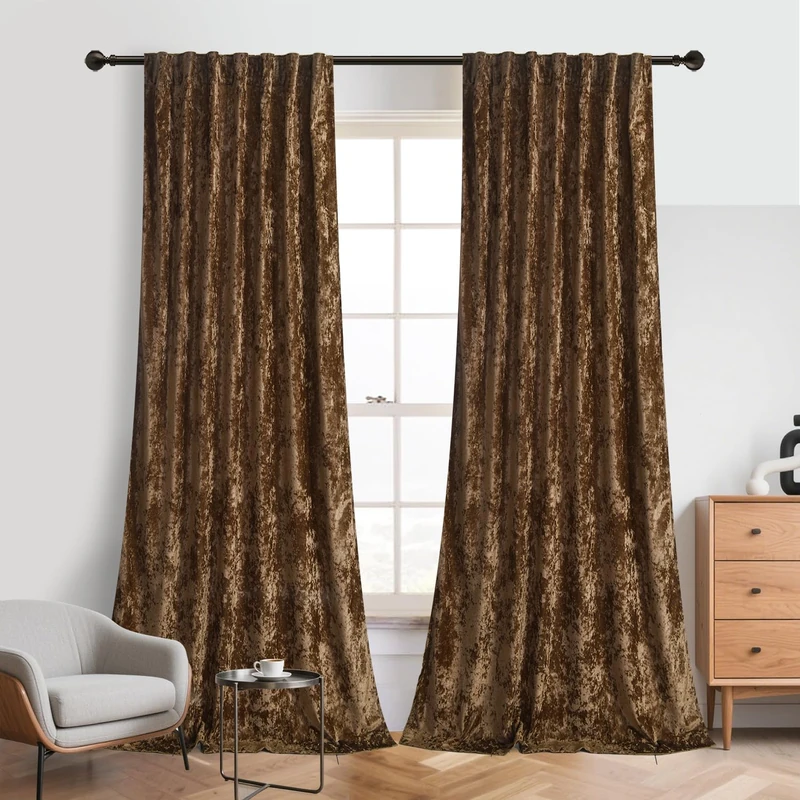 Roslynwood Crushed Luxury Velvet Tobacco Brown Curtains for Bedroom 96 inches Long, Thermal Insulated Window Drapes Back Tab for Living Room/Dining Room, W52 x L96, 2 Panels