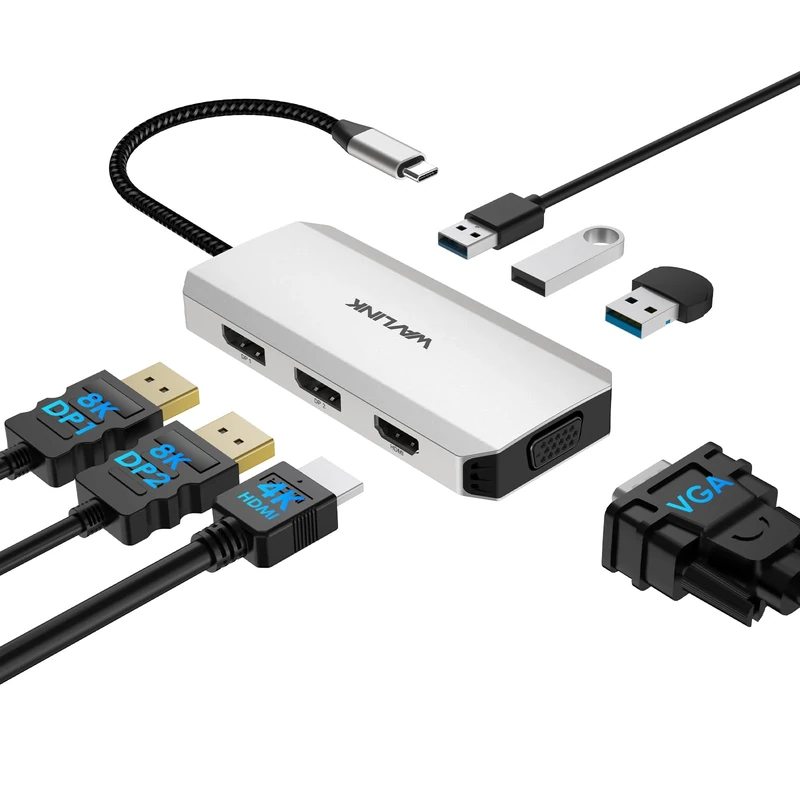 WAVLINK Laptop Docking Station, Quad Monitor Docking Station with Dual DP, HDMI, VGA, 100W PD IN, 3 USB A2.0 for Wireless Devices, Compatible with Dell/HP/Lenovo etc., Only for Computers with Windows