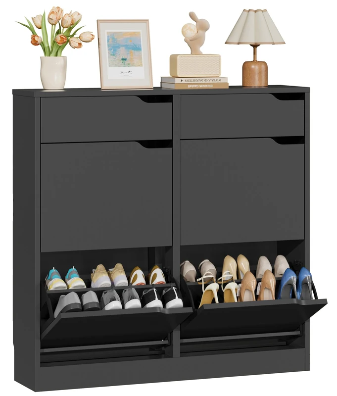 IRONCK Shoe Cabinet with 4 Flip Drawers & 2 Drawers, Freestanding Shoe Rack Cabinet, Shoes Storage Cabinet with Adjustable Shelves, Wooden Cupboard Organizer for Entryway, Hallway, Living Room (Black)