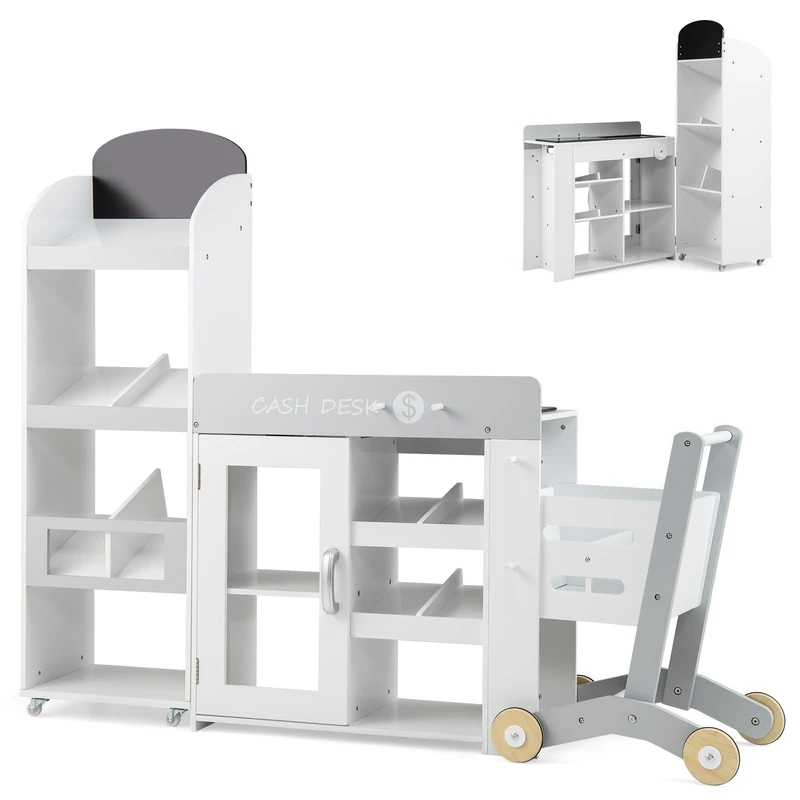 GYMAX Kids Grocery Store, Wooden Role Play Shop with Shopping Cart, Scanner, Chalkboard & Checkout Belt, Children Supermarket Playset for Girls Boys Aged 3 Years Old+