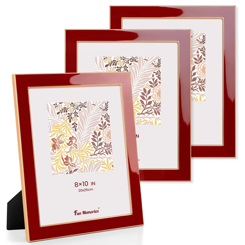 Fun Memories 8x10 Picture Frame - 3pcs Red Enamel Glass Photo Frame with Gold Metal Edge & Easel for Display Picture Frame on Countertops, Tabletops, Bookshelves, Desks, Walls (Red/Gold)