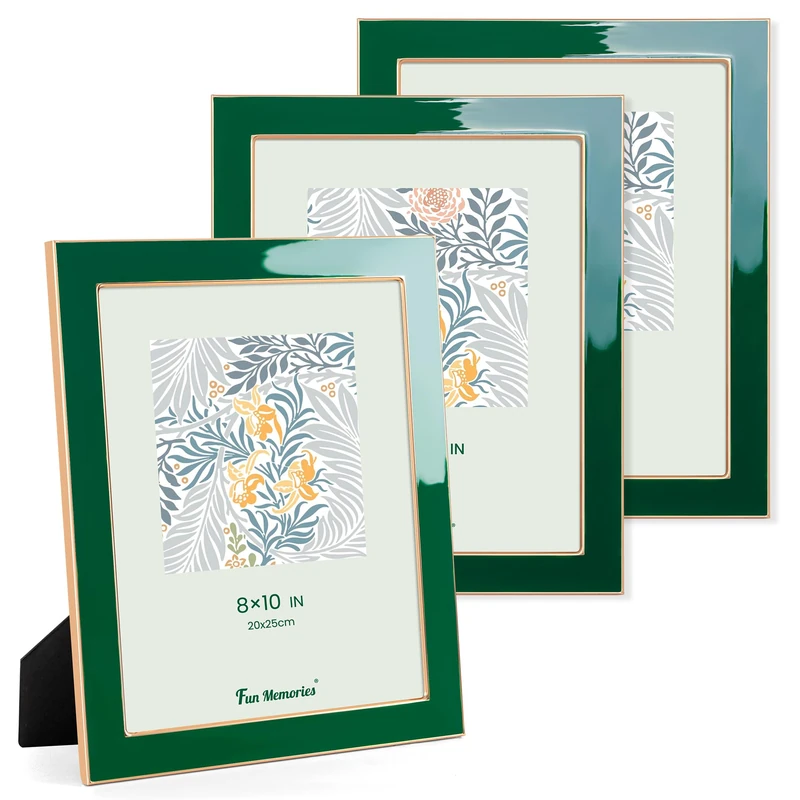 Fun Memories 8x10 Picture Frame - 3pcs Green Enamel Glass Photo Frame with Gold Metal Edge & Easel for Display Picture Frame on Countertops, Tabletops, Bookshelves, Desks, Walls (Green/Gold)