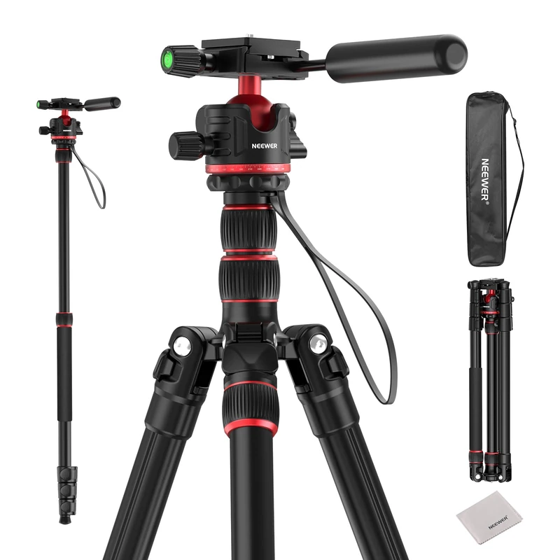 NEEWER BASICS TP08 Camera Tripod Monopod 77 Inch Compact Lightweight DSLR Travel Video Tripod 360° Ball Head Arca Type Quick Release Plate Inverted Centre Axis and 2 Cleaning Cloths, Max. Load 13 lb