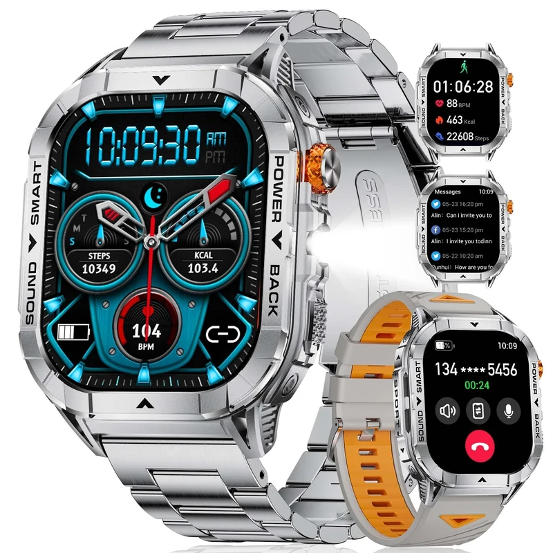 SUNKTA Military Smart Watch for Men with Flashlight, 2.13'' Amoled HD Display Fitness Tracker Watch, Pedometer/100+ Sport Modes/Sleep/5ATM Waterproof Smartwatch, Compatible iOS Android Smartwatches