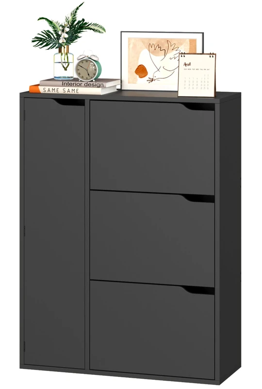 IRONCK Shoe Storage Cabinet Cupboard, 3 Flip Drawers, Shoe Rack Cabinet Hallway with Boot Cabinet, Free Standing Wooden Shoe Storage Organiser Unit, Entryway Living Room Furniture, 77x30x112cm (Black)
