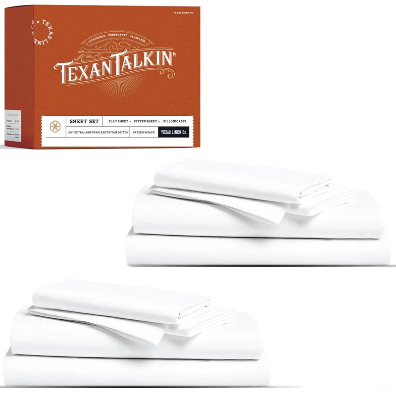 TEXAS LINEN CO. 100% Egyptian Cotton Queen Sheet Set Pack of 2 - Luxury 600 Thread Count Egyptian Cotton Sheets Queen Size (8 PC, White), Soft, Cooling, 16" Deep Pocket Hotel Quality Bed Sheet Set