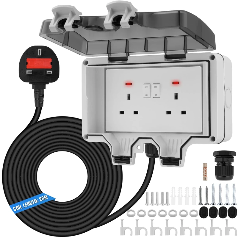 Outdoor Double Socket with 25m Extension Lead – 13A IP66 Waterproof 2-Gang Plug Socket with Switch & LED Indicator for Garden,Shed,Garage & Outdoor Use