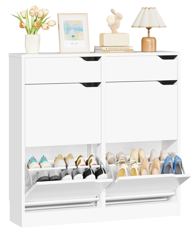 IRONCK Shoe Cabinet with 4 Flip Drawers & 2 Drawers, Freestanding Shoe Rack Cabinet, Shoes Storage Cabinet with Adjustable Shelves, Wooden Cupboard Organizer for Entryway, Hallway, Living Room (White)