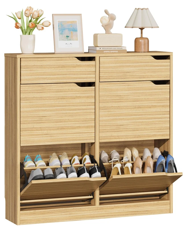 IRONCK Shoe Cabinet with 4 Flip Drawers & 2 Drawers, Freestanding Shoe Rack Cabinet, Shoes Storage Cabinet with Adjustable Shelves, Wooden Cupboard Organizer for Entryway, Hallway, Living Room (Wood)