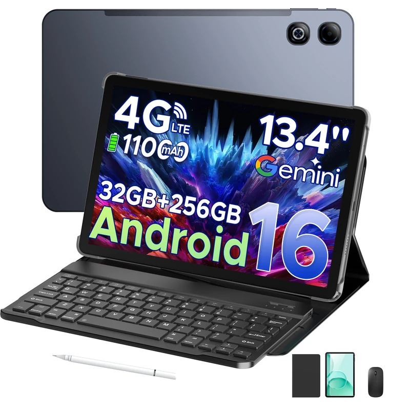 Tab G6 Max 2025 Android 16 Tablet with Pen and Keyboard, 13.4 Inch+7.7 mm Ultra-thin Tablets, 32GB+256GB, 11000mAh Battery, 13MP+8MP, Widevine L1 | 4G LTE | WiFi | GPS | OTG, Gray