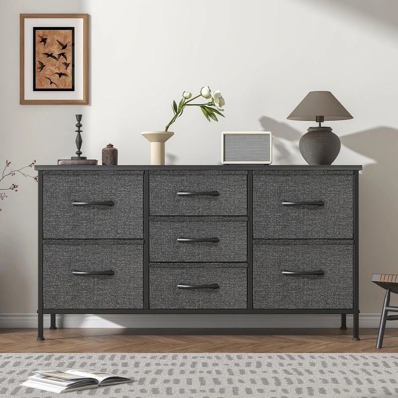 Feonase Chest of Drawers,Bedroom Dresser with 7 Fabric Drawers, Metal Frame & MDF Wood Top, Adjustable Feet, Storage Organizer Unit for Bedroom, Closet, Living Room, Office Hallway, Deep Grey